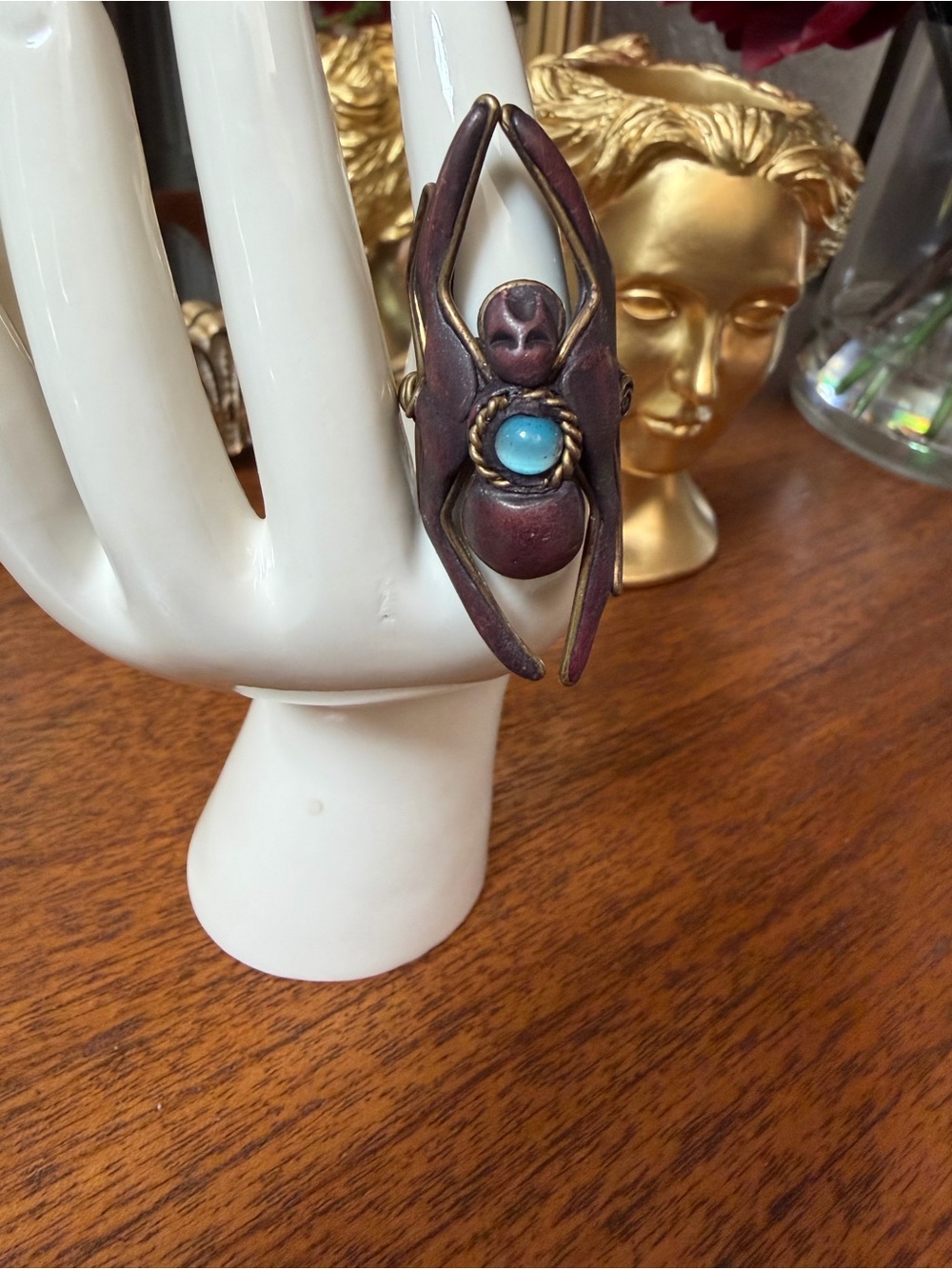 Handcrafted Bronze-Tone Scarab Ring with Blue Cabochon - Women Jewelry